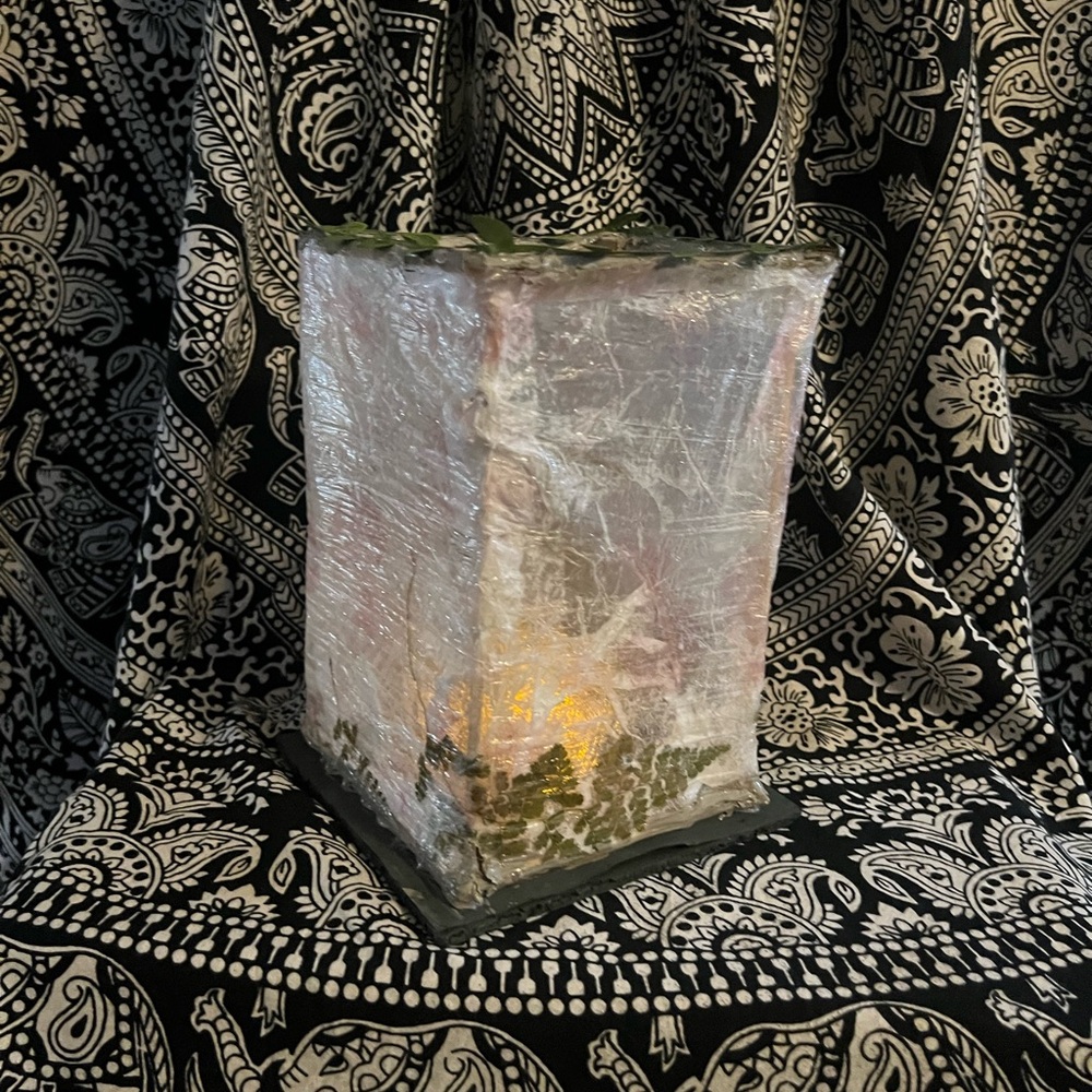 Elegant Frosted look handmade rice paper. Lantern with ferns as Accents.